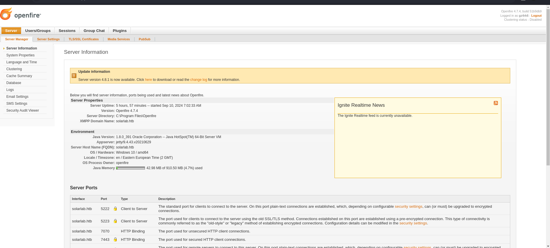 Openfire login with newly created administrative credentials